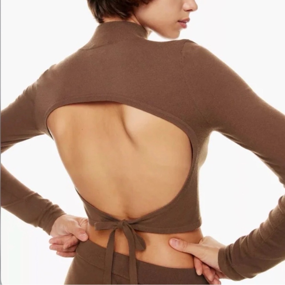 Aritzia Sun-deh Sunday best Brown Open-Back Tie-Back Long Sleeve Crop Top